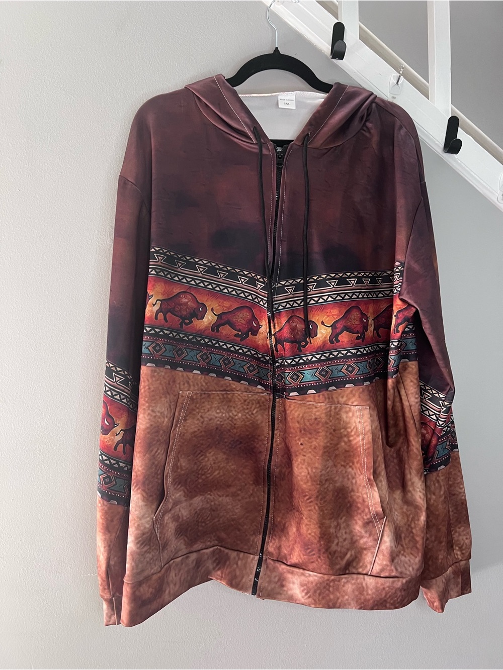 018: Men’s Buffalo and Aztec Pattern Full Zip-Up Hoodie in Brown and Rust